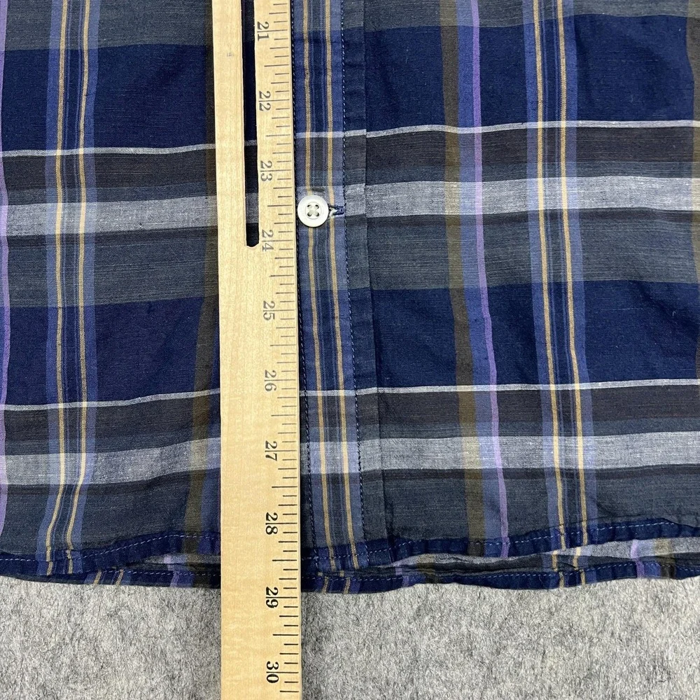 Banana Republic Shirt Mens Large Blue Plaid Linen Organic Cotton Untucked Button